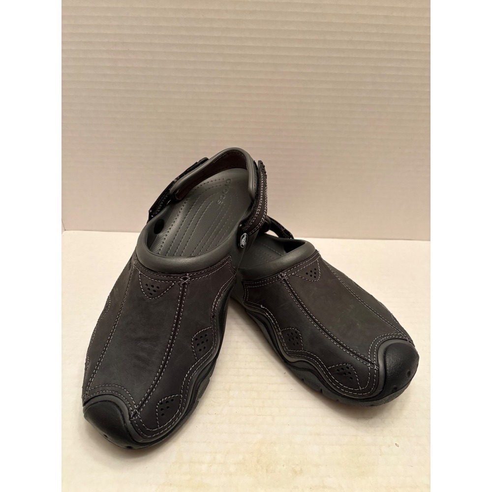 Crocs Yukon Sport Mens 11 Charcoal Gray Leather Adjustable Heel Strap Clogs
